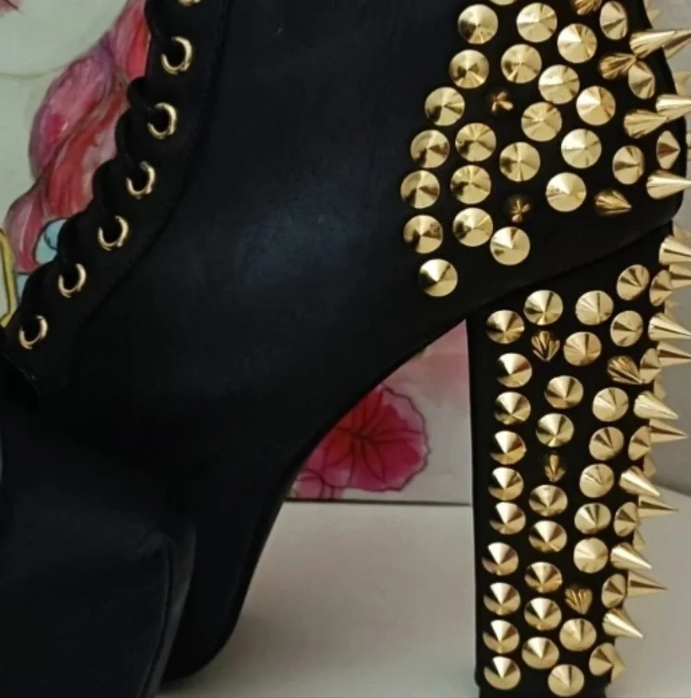 Jeffrey Campbell LITA Black Leather Gold Spikes Booties Size 6 - Picture 6 of 13